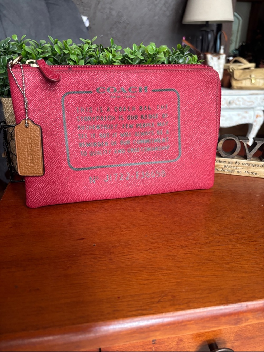 Coach Red Crossgrain Leather Corner Zip Wristlet F6658